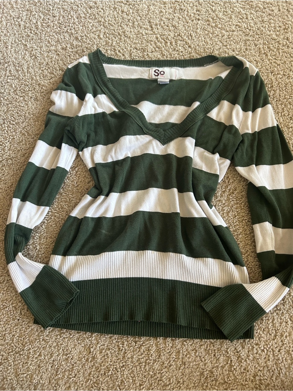SO Green and White Striped V-Neck Sweater Vintage
